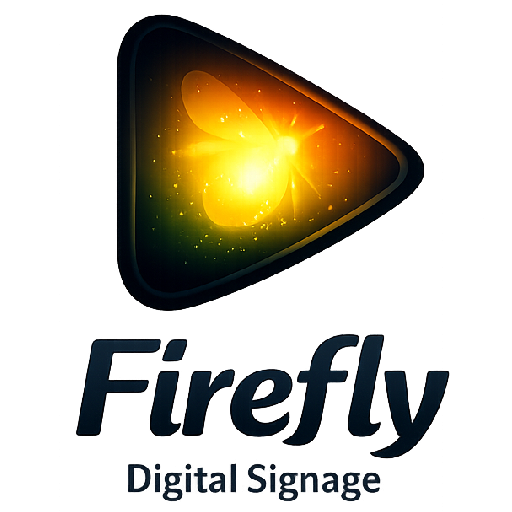 Logotipo de Firefly Digital Signage con un ícono triangular oscuro que contiene una mariposa luminosa en tonos amarillo y naranja, acompañado del texto “Firefly Digital Signage”.